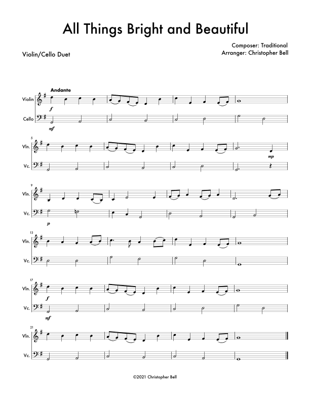All Things Bright and Beautiful - Easy Violin/Cello Duet (arr. Christopher Bell)