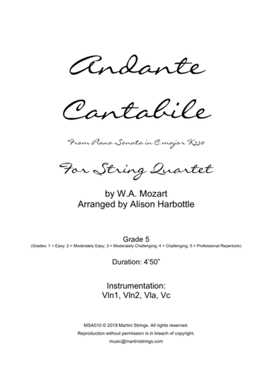 Andante Cantabile for string quartet - 2nd movement from Piano Sonata in C major K330 (arr. Alison Harbottle)