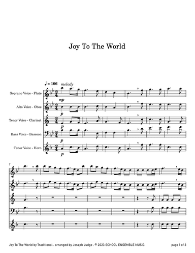 Joy To The World for Woodwind Quartet in Schools (arr. Joseph Judge)