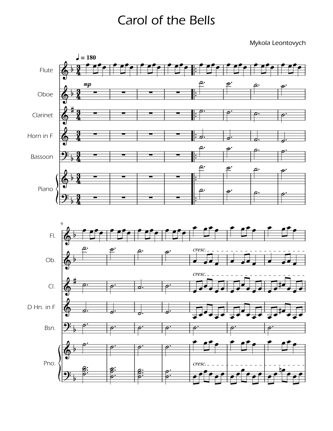 Carol of the Bells - Woodwind Quintet w/ Piano (arr. Ygor Nunes)