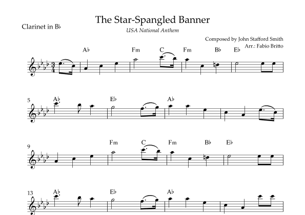 The Star Spangled Banner (USA National Anthem) for Clarinet in Bb Solo with Chords (F# Major) (arr. Fabio Britto)