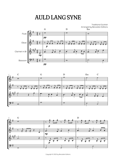 Auld Lang Syne • New Year's Anthem | Woodwind Quartet sheet music with chords (arr. Benzaiten Editions)