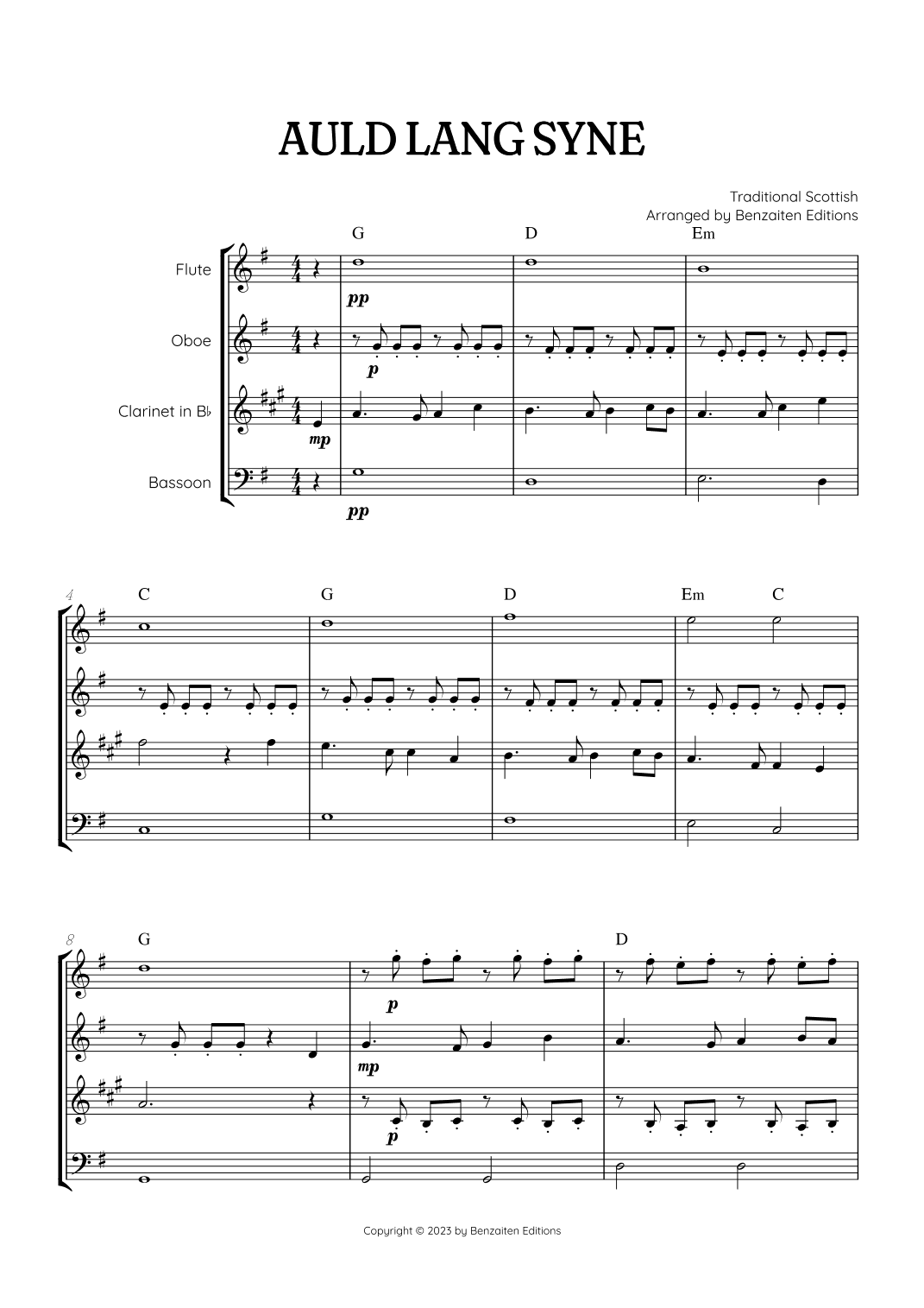 Auld Lang Syne • New Year's Anthem | Woodwind Quartet sheet music with chords (arr. Benzaiten Editions)