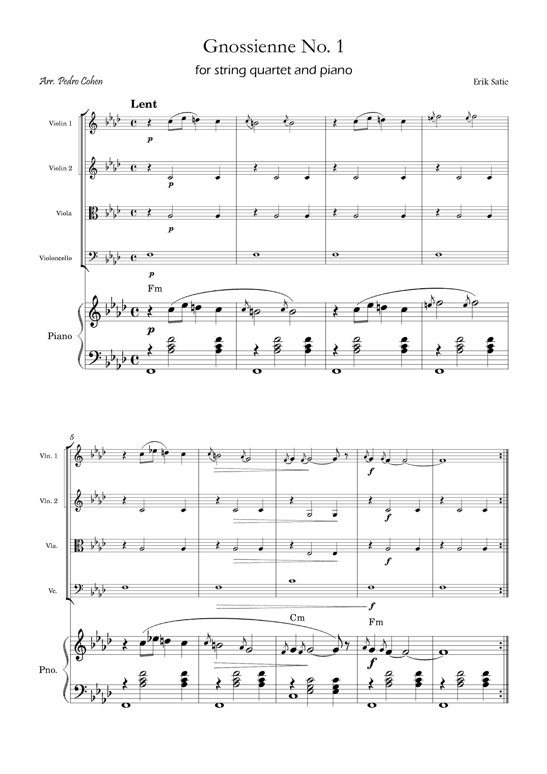 Gnossienne No. 1 – for String Quartet and Piano with chords (arr. Pedro Cohen)