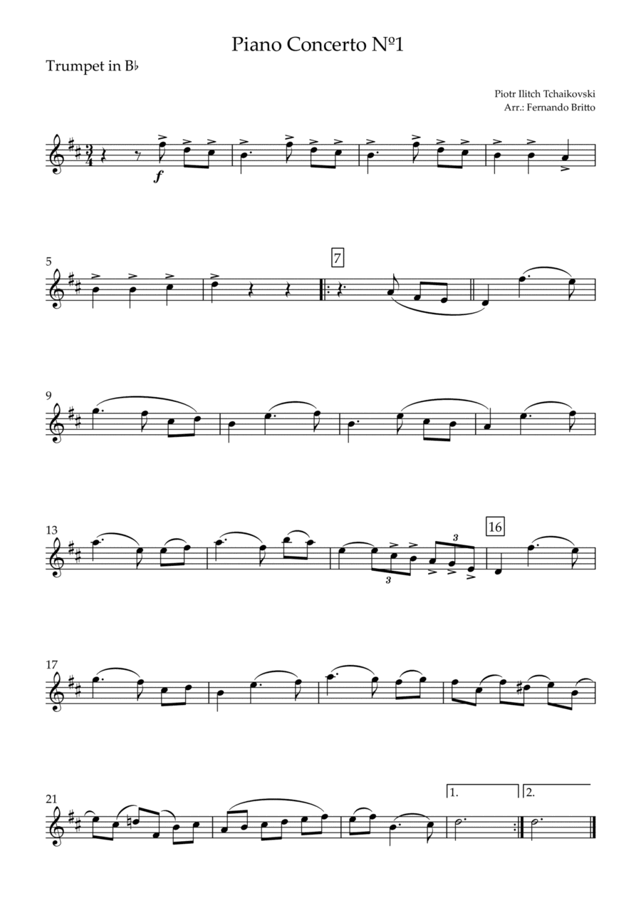 Piano Concerto Nº 1 - 1st Mov. Theme (P. Tchaikovsky) for Trumpet in Bb Solo (C Major) (arr. Fernando Britto)