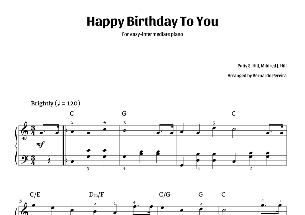 Happy Birthday To You (easy-intermediate piano – C major) (arr. Bernardo Pereira)