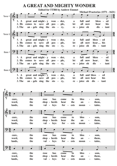 A Great And Mighty Wonder A Cappella TTBB (arr. Edited by Andrew Emmet)