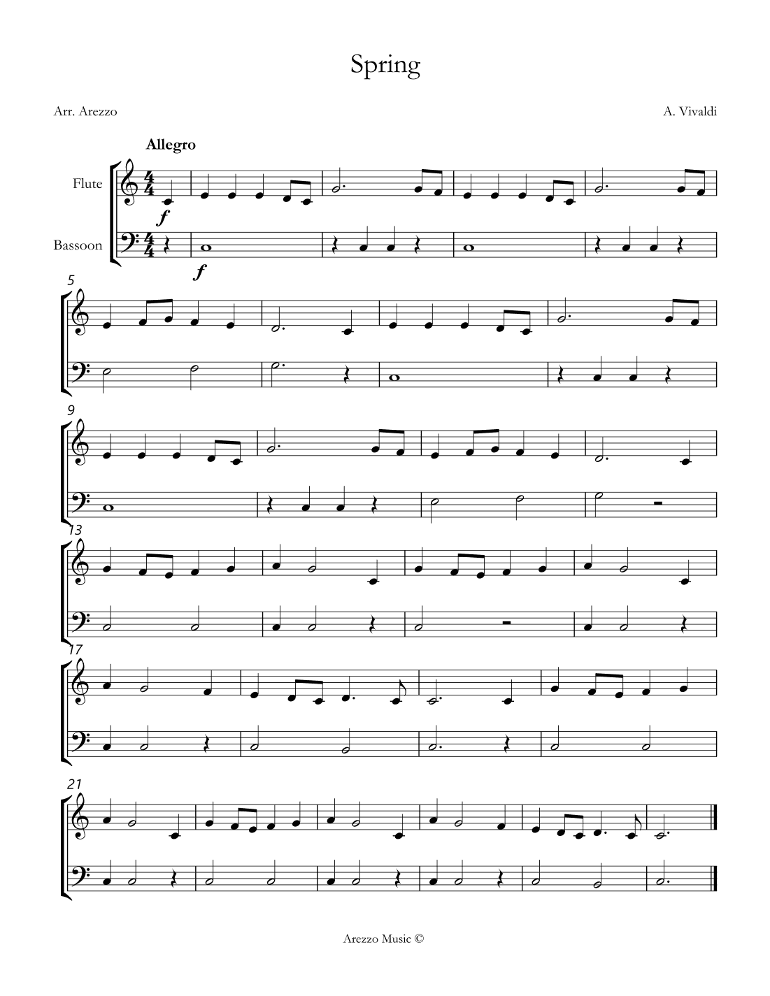 vivaldi spring easy Flute and Bassoon sheet music (arr. Arezzo Music)