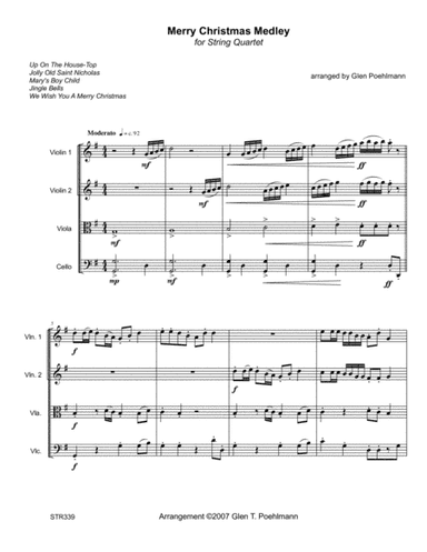 MERRY CHRISTMAS MEDLEY - STRING QUARTET (or 3 Violins & Cello) - 5 carol medley (arr. Glen Poehlmann)