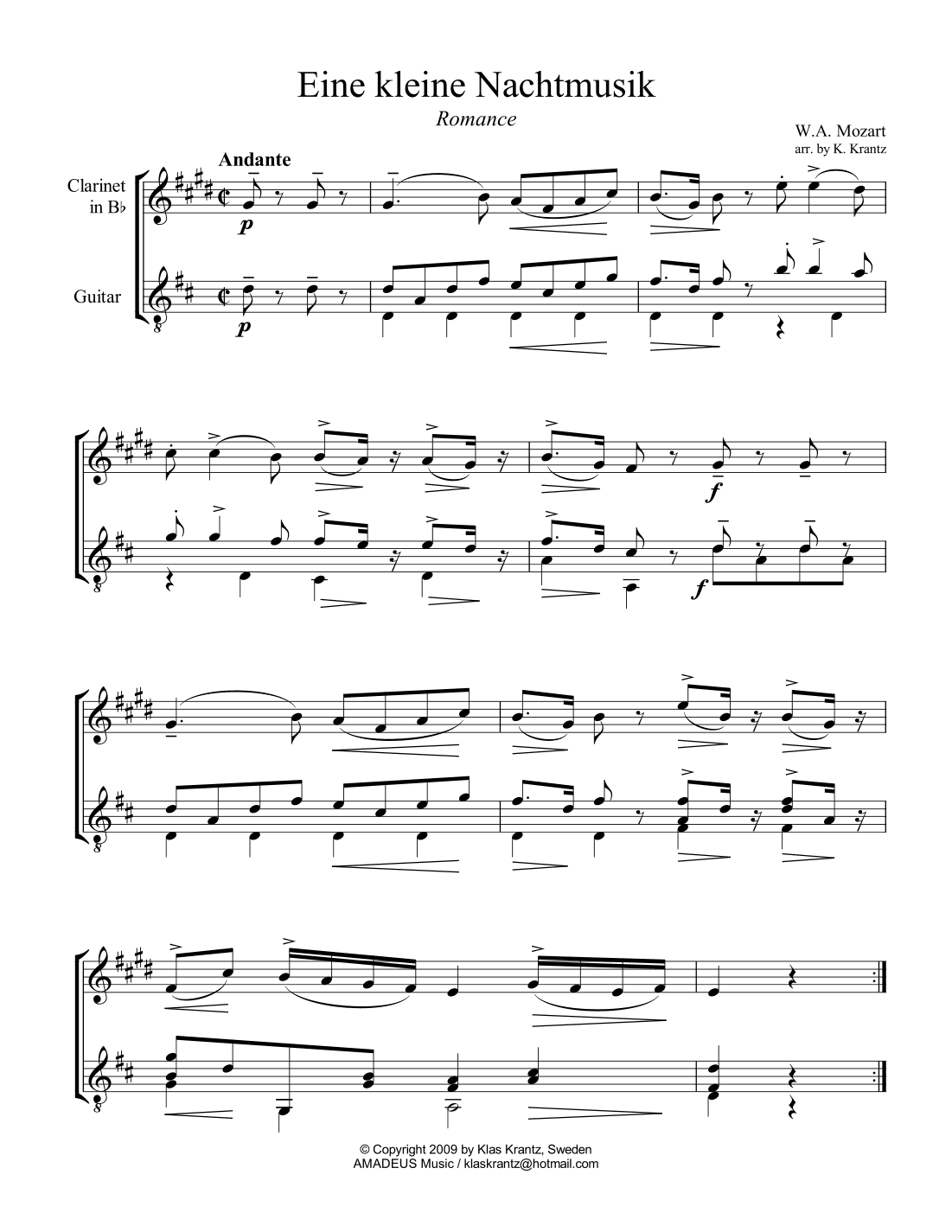 Romance from Eine kleine Nachtmusik for clarinet in Bb and guitar (arr. K. Krantz)