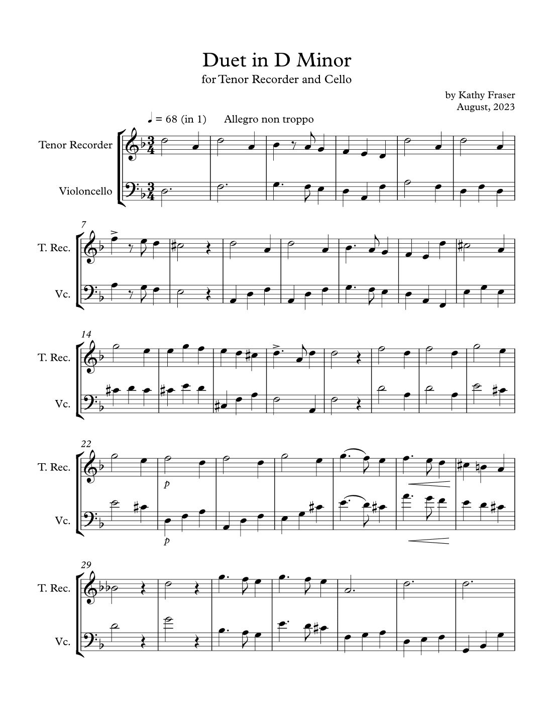 Duet in D Minor for Tenor Recorder and Cello Duet