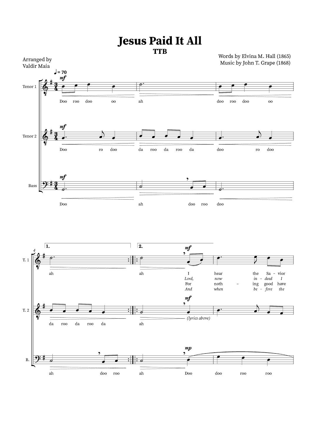 Jesus Paid It All - TTB Trio or Choir (arr. Valdir Maia)