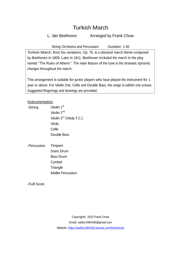 Turkish March (for string orchestra and percussion) (arr. Frank Chow)