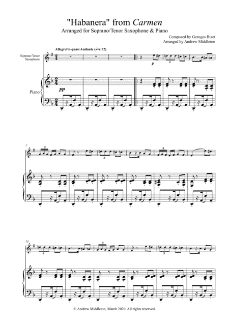 Habanera from Carmen arranged for Soprano Saxophone and Piano (arr. Andrew Middleton)