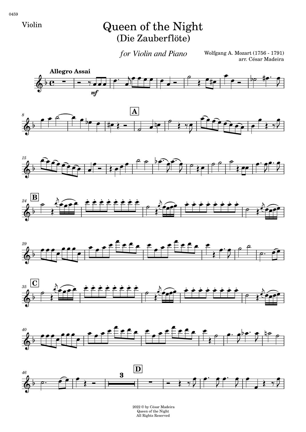 Queen of the Night Aria - Violin and Piano (Individual Parts) (arr. César Madeira)