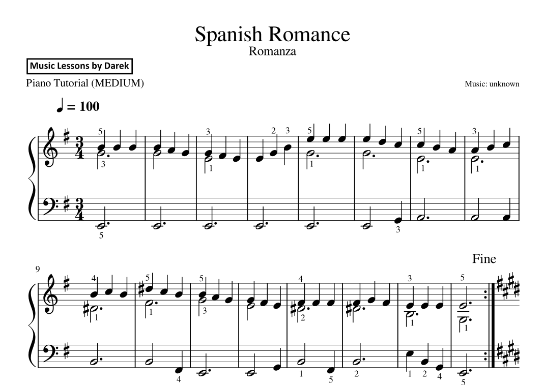 Spanish Romance / Romance d'Amour / Romanza (MEDIUM PIANO) (arr. Darek)