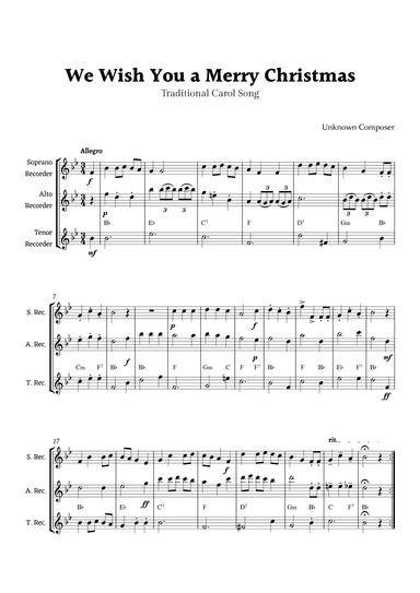 We Wish you a Merry Christmas for Recorder Ensemble Trio with Chords (arr. Rika K.)