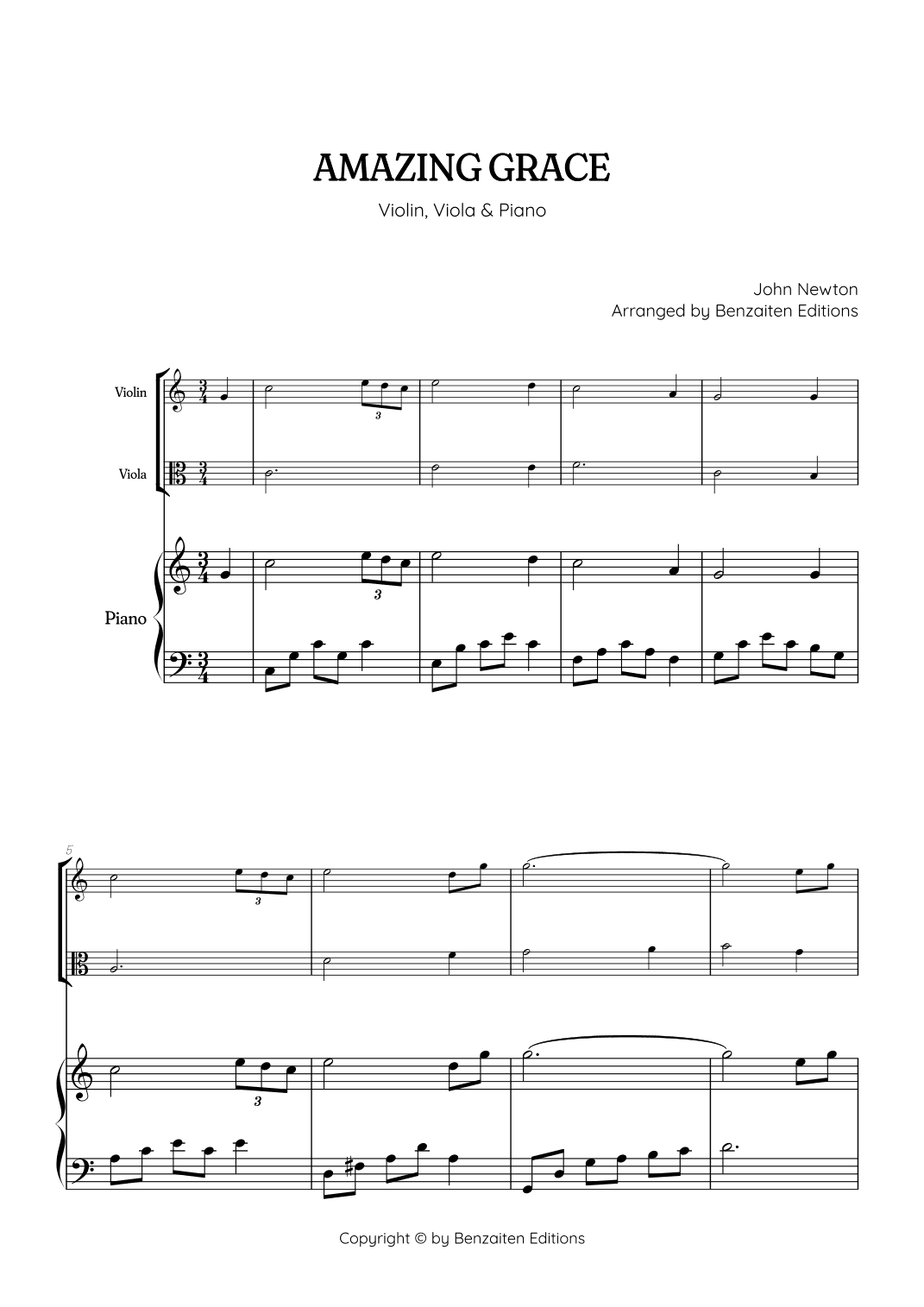 Amazing Grace • easy violin and viola sheet music with piano accompaniment (arr. Benzaiten Editions)