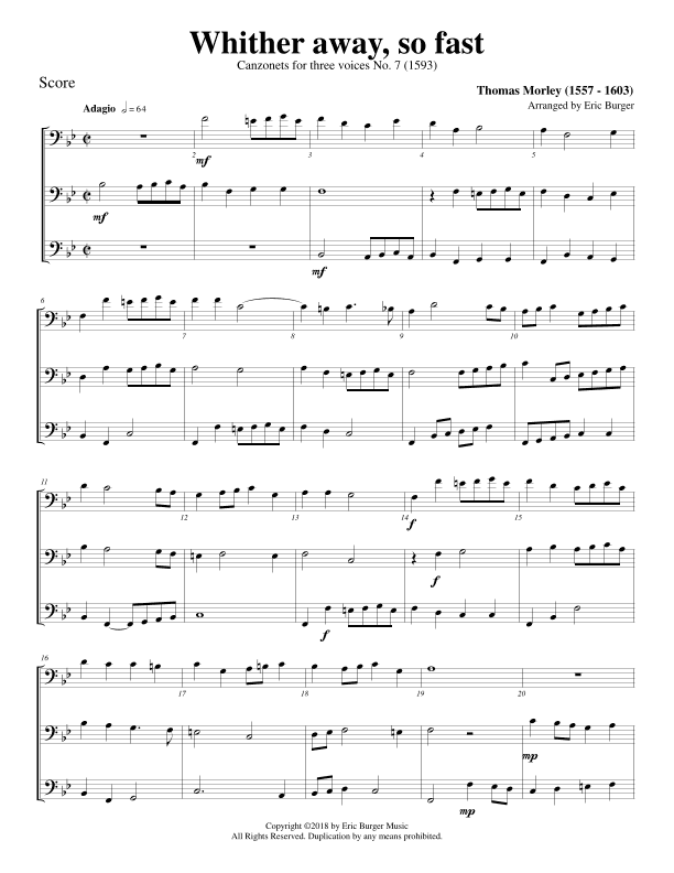 Whither away, so fast for Trombone or Low Brass Trio (arr. Eric Burger Music)