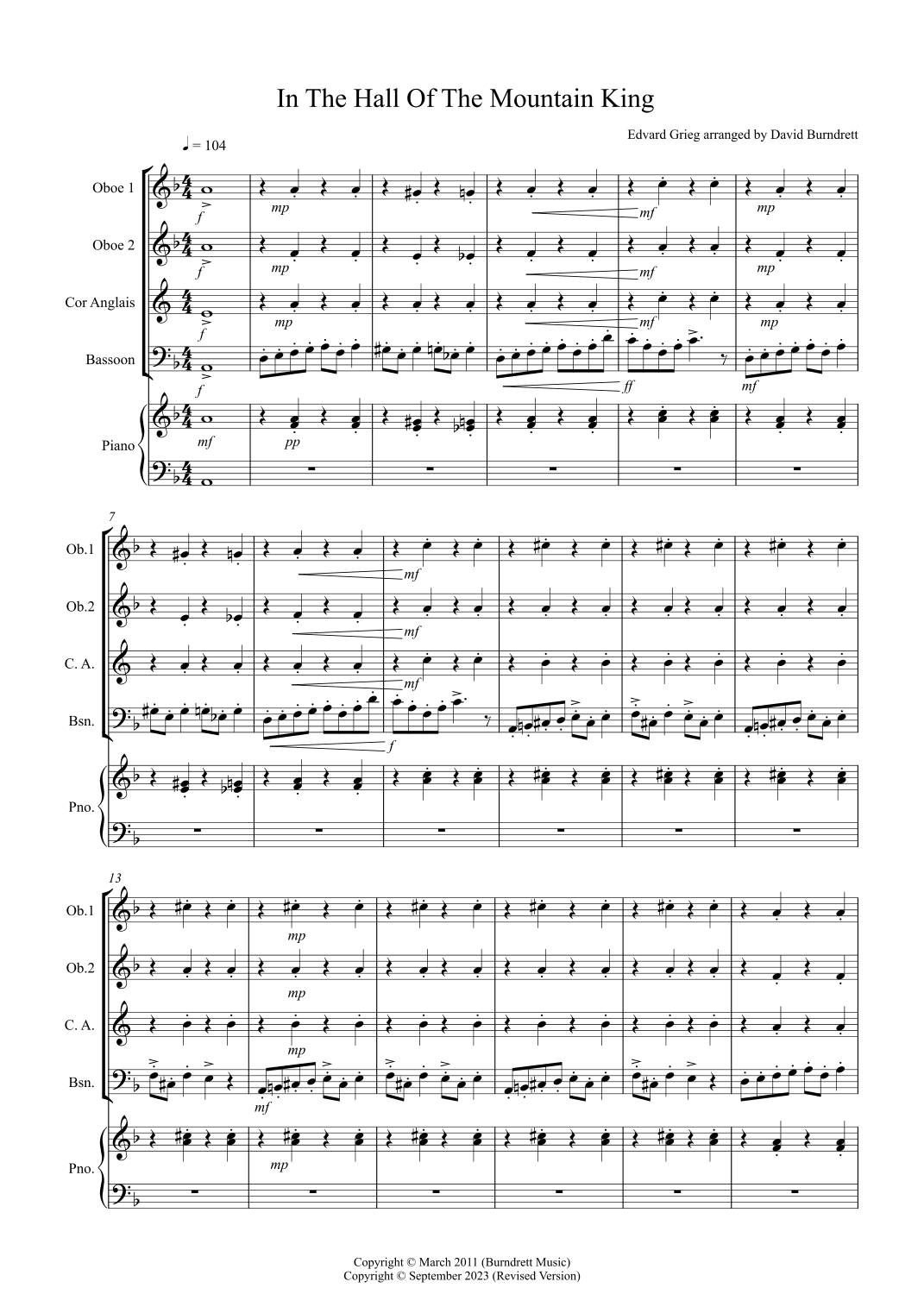 In the Hall of the Mountain King for Double Reed Quartet (arr. David Burndrett)