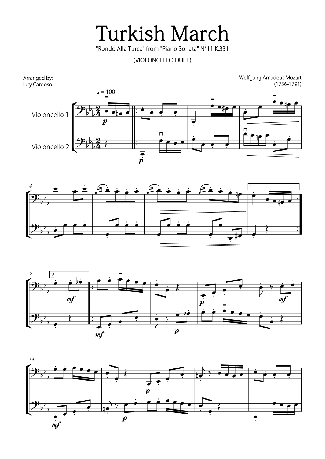 "Turkish March" (Alla Turca) - CELLO DUET (arr. Iury Cardoso)
