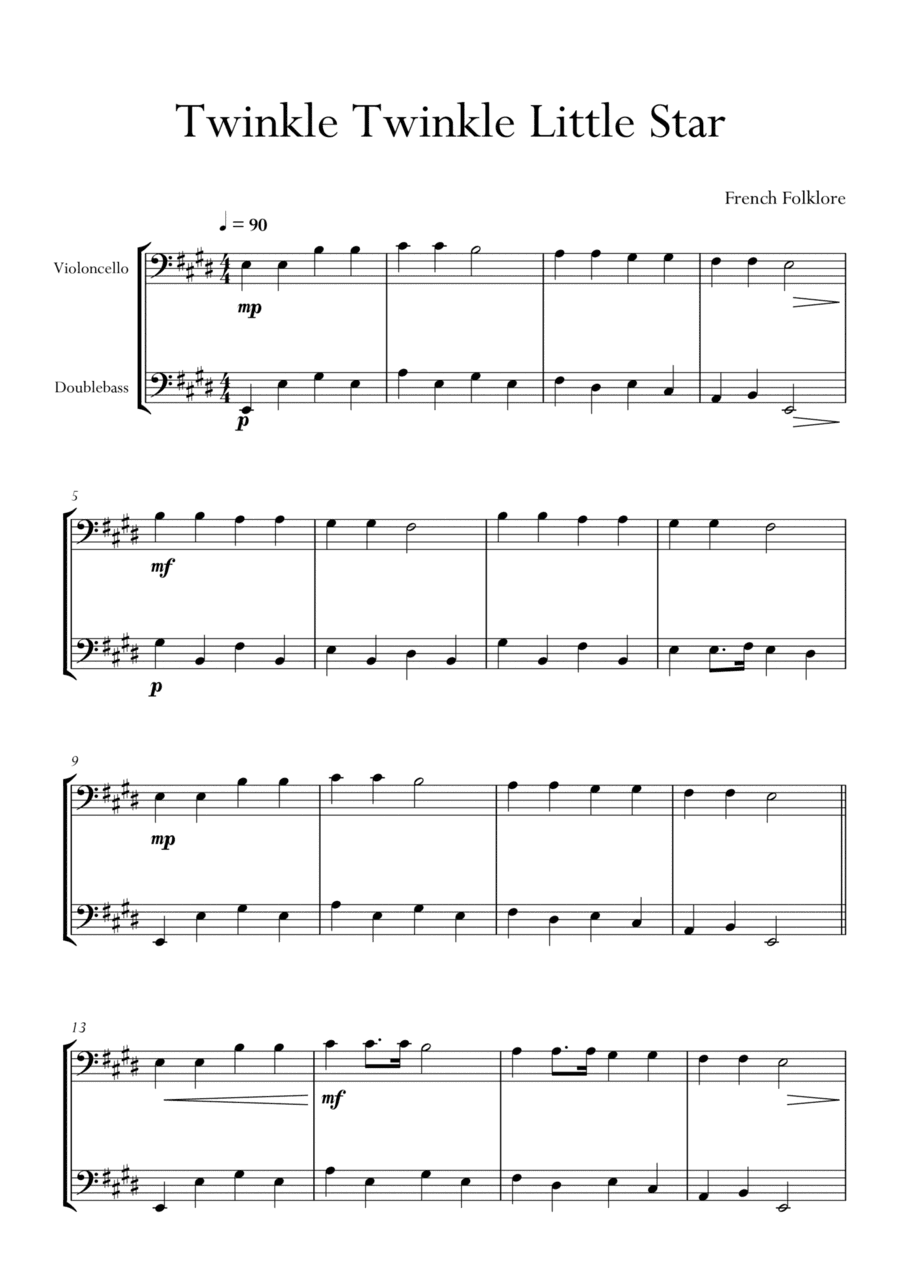 Twinkle Twinkle Little Star in E Major for Cello (Violoncello) and Double Bass Duo. Easy version. (arr. Matheus Araújo)