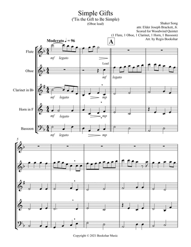 Simple Gifts ('Tis the Gift to Be Simple) (F) (Woodwind Quintet -1 Flute, 1 Oboe, 1 Clar, 1 Hrn, 1 B (arr. Regis Bookshar)