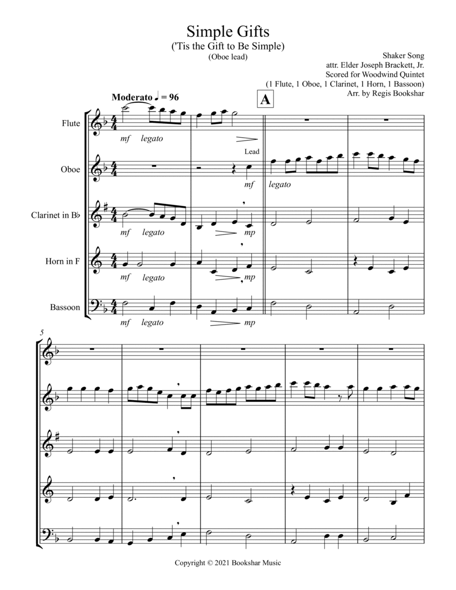 Simple Gifts ('Tis the Gift to Be Simple) (F) (Woodwind Quintet -1 Flute, 1 Oboe, 1 Clar, 1 Hrn, 1 B (arr. Regis Bookshar)