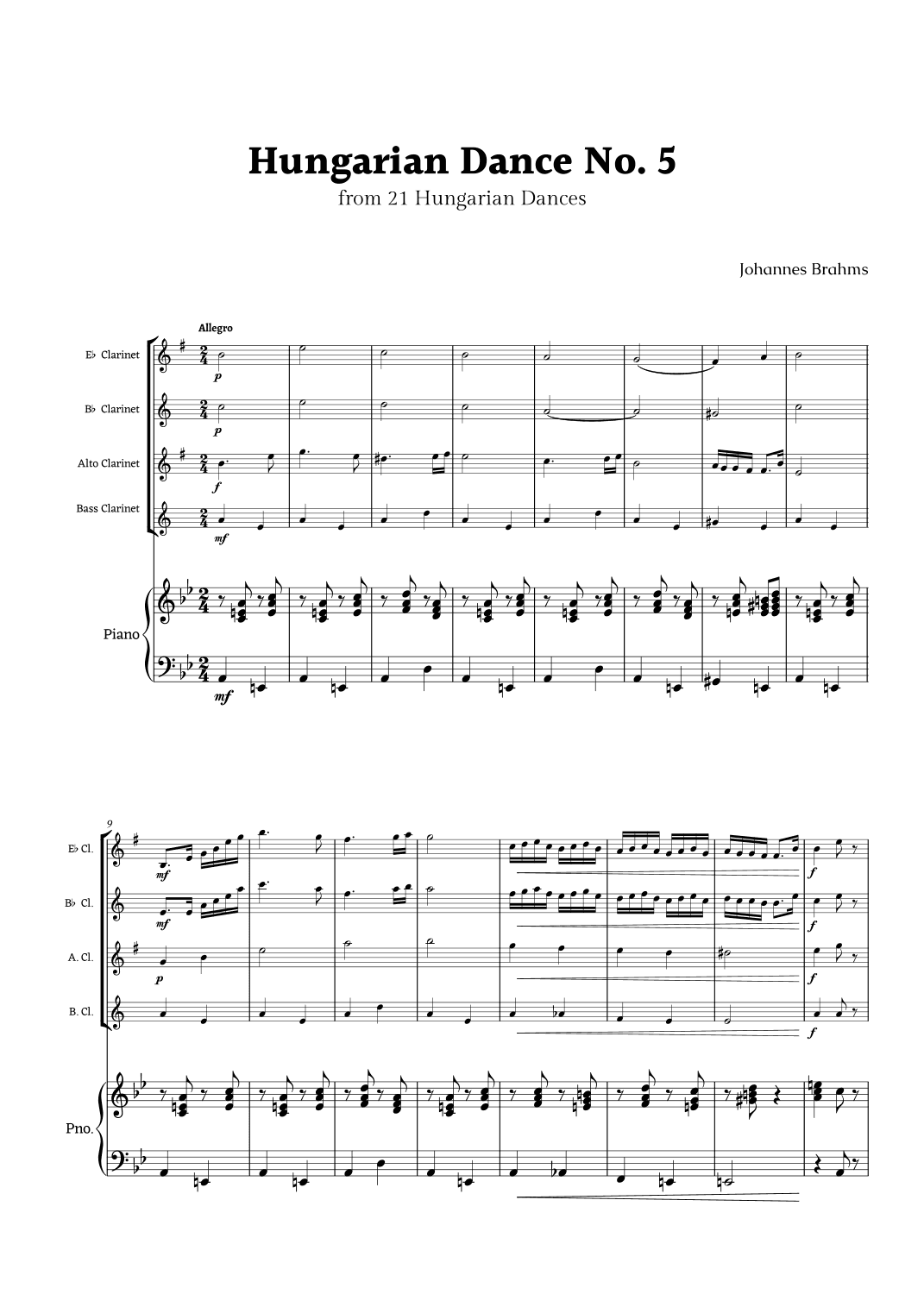 Hungarian Dance No. 5 by Brahms for Clarinet Ensemble  Quartet and Piano (arr. Rika K.)
