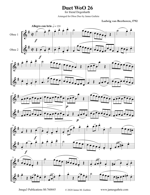 Beethoven: Duet WoO 26 for Oboe Duo (arr. James Guthrie, ASCAP)
