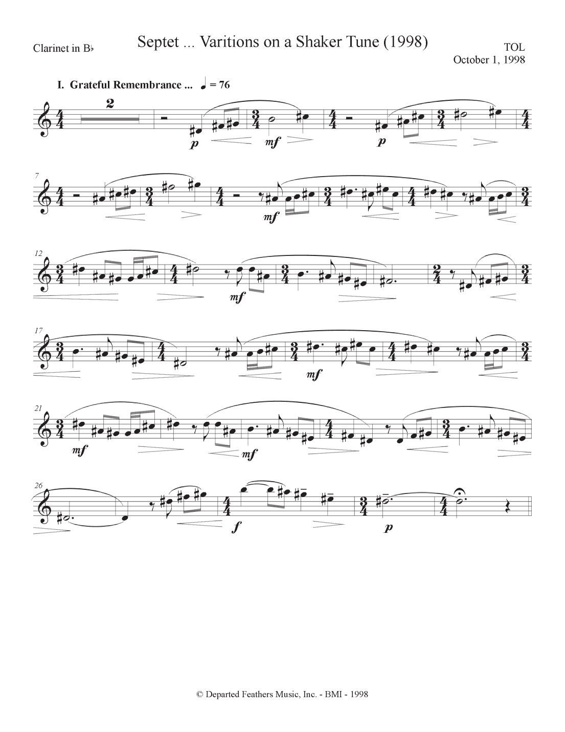 Septet, opus 77 ... Variations on a Shaker Tune (1998) Bb clarinet part