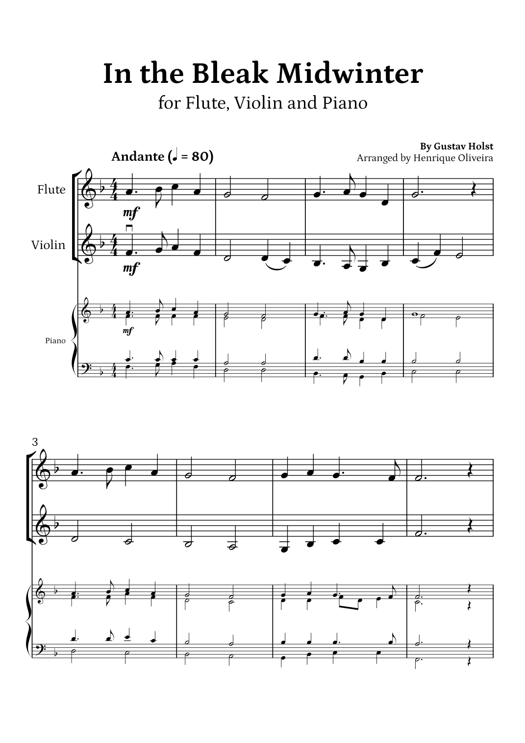 In the Bleak Midwinter (Flute, Violin and Piano) - Beginner Level (arr. Henrique Oliveira)