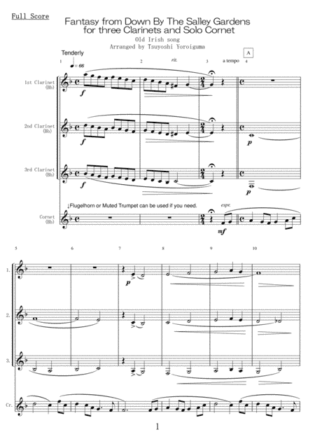 Fantasy from Down By The Salley Gardens for three Clarinets and Solo Cornet (arr. Tsuyoshi Yoroiguma)