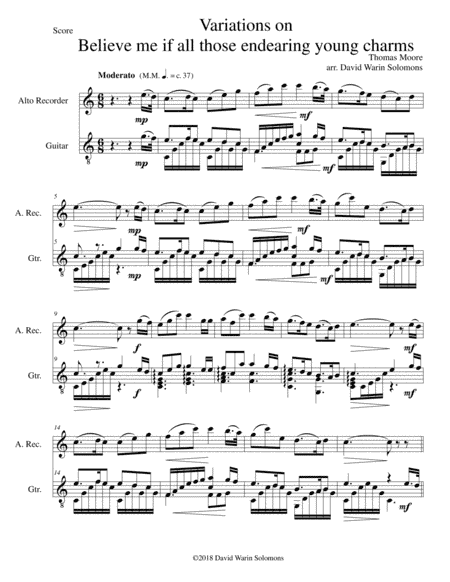 Variations on Believe me if all those endearing young charms for alto recorder and guitar (arr. David Warin Solomons)