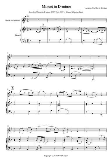 Minuet in D-minor - EASY (tenor sax & piano) (arr. David Kocijan)