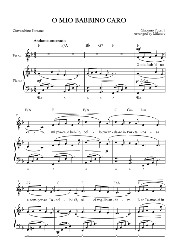 O Mio Babbino Caro | Male Voice Tenor | F Major | Piano accompaniment | Pedal | Chords (arr. Milanov)