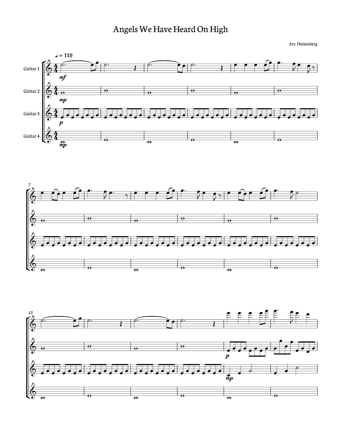 Angels We Have Heard On High for Guitar Quartet. Score and parts included. (arr. Heisenberg)