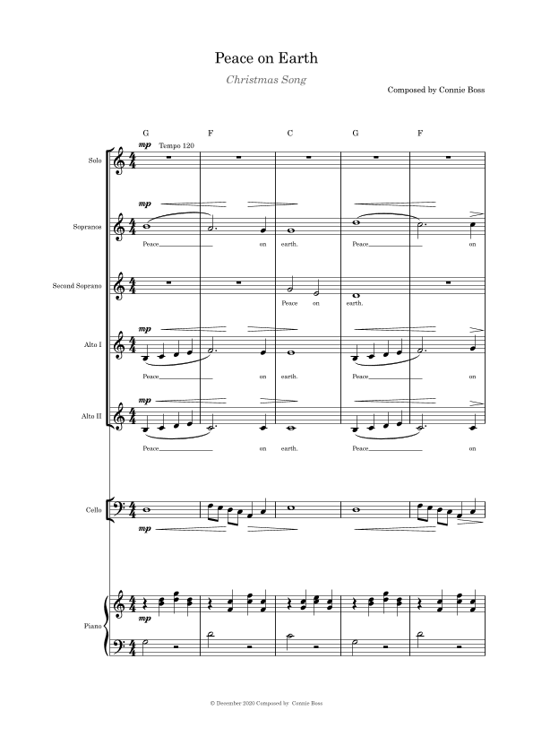 Peace on Earth (Christmas Song) SSAA, cello or flute or violin and piano