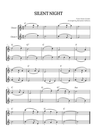 Silent Night for oboe duet • easy Christmas song sheet music (w/ chords) (arr. Benzaiten Editions)