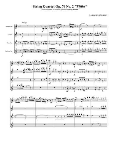 String Quartet Op. 76 No. 2 "Fifths" for Saxophone Quartet (SATB) (arr. Diego Marani)