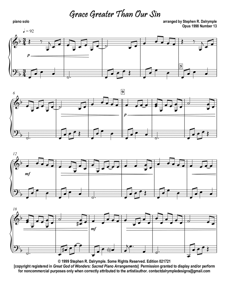 Grace Greater Than Our Sin with Amazing Grace arranged for Piano Solo by Stephen R Dalrymple (arr. Stephen R Dalrymple (Dalrymple Designs))