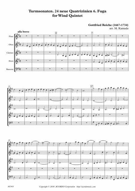 Turmsonaten. 24 neue Quatrizinien 6. Fuga for Wind Quintet (arr. Mikio Kamada)
