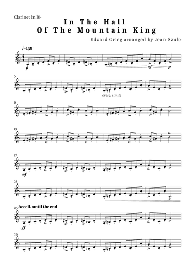 In The Hall of The Mountain King - Solo Clarinet in Bb (arr. Jean Szulc)