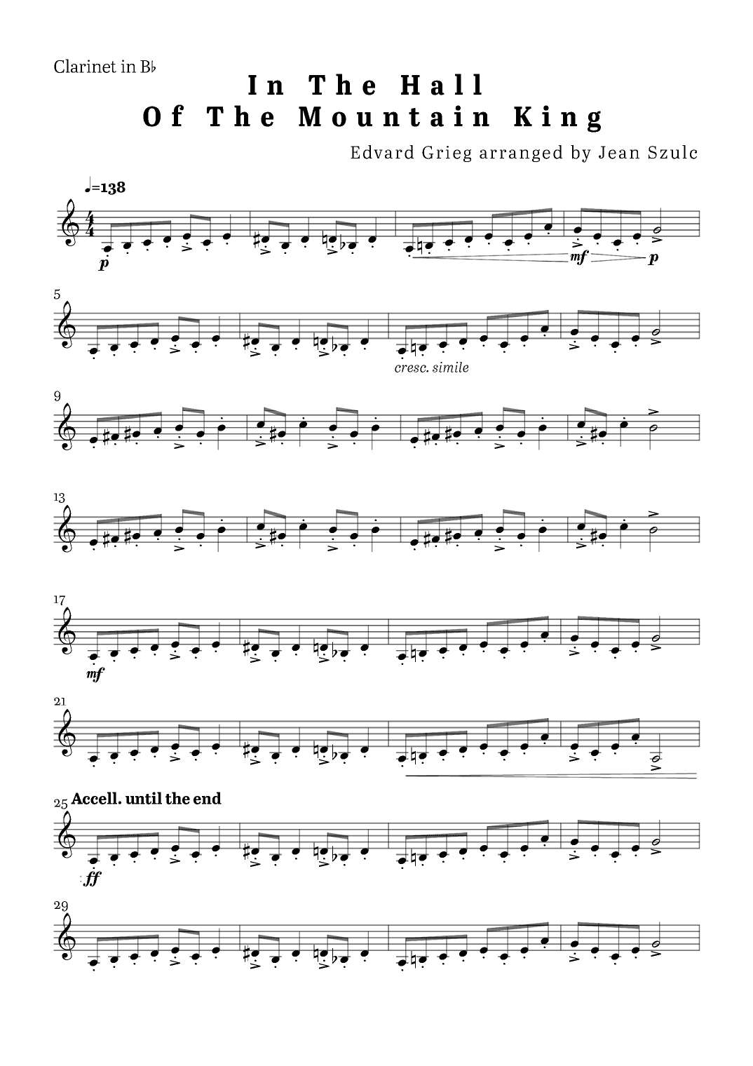 In The Hall of The Mountain King - Solo Clarinet in Bb (arr. Jean Szulc)