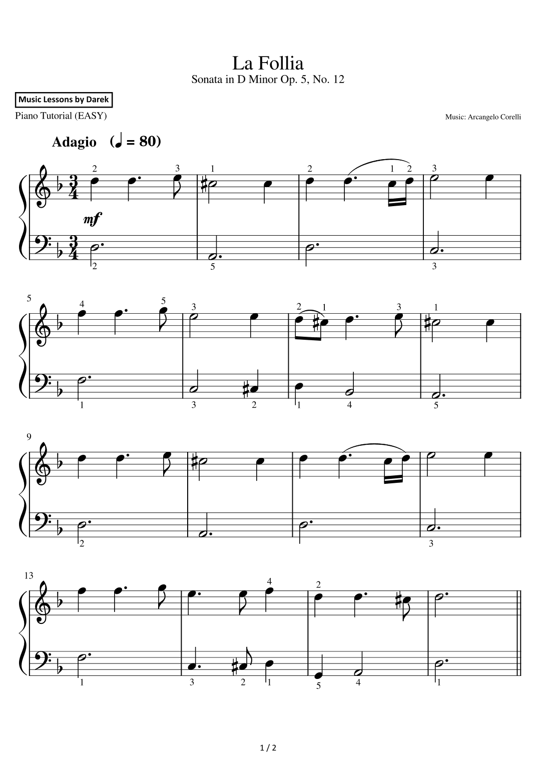 La Follia (EASY PIANO) Sonata in D Minor Op. 5, No. 12 [Arcangelo Corelli] (arr. Darek)