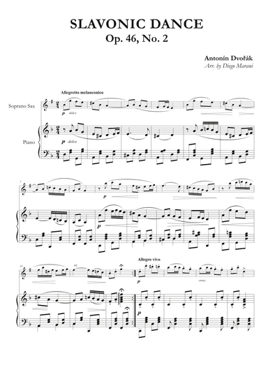 Slavonic Dance Op. 46 No. 2 for Soprano Saxophone and Piano (arr. Diego Marani)