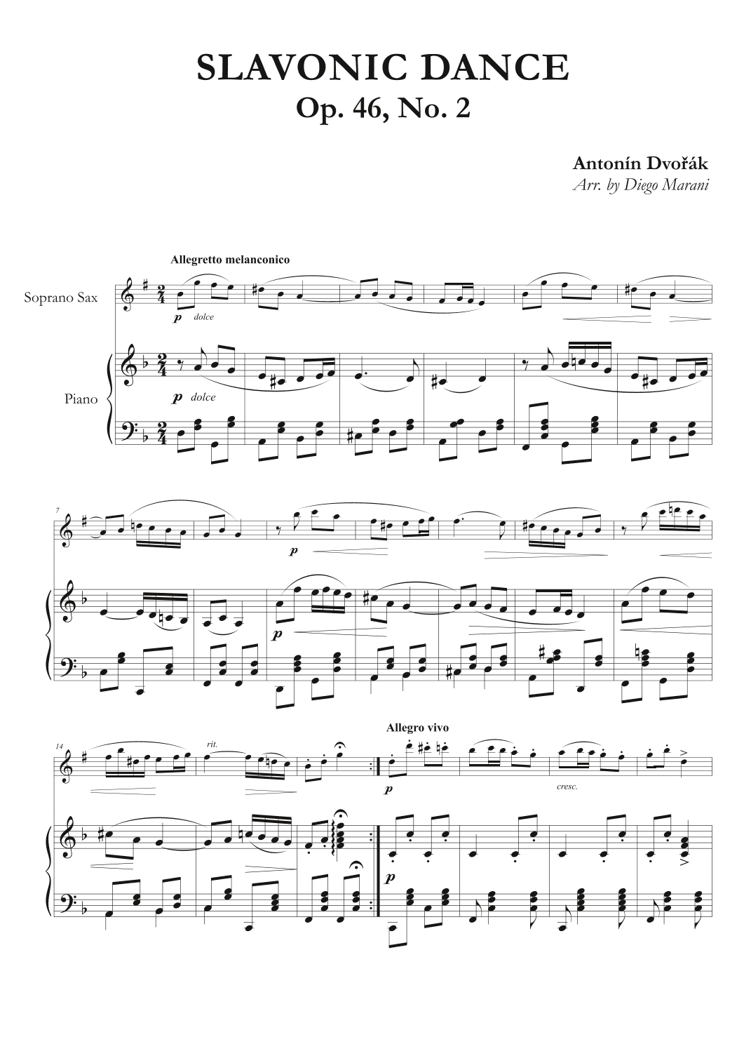 Slavonic Dance Op. 46 No. 2 for Soprano Saxophone and Piano (arr. Diego Marani)