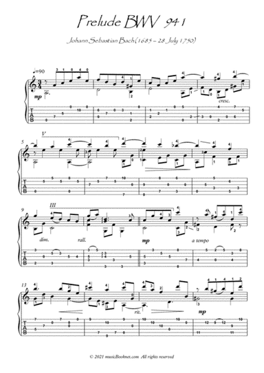 Bach for Guitar Prelude BWV 941 guitar solo (arr. PianoSheetNow)