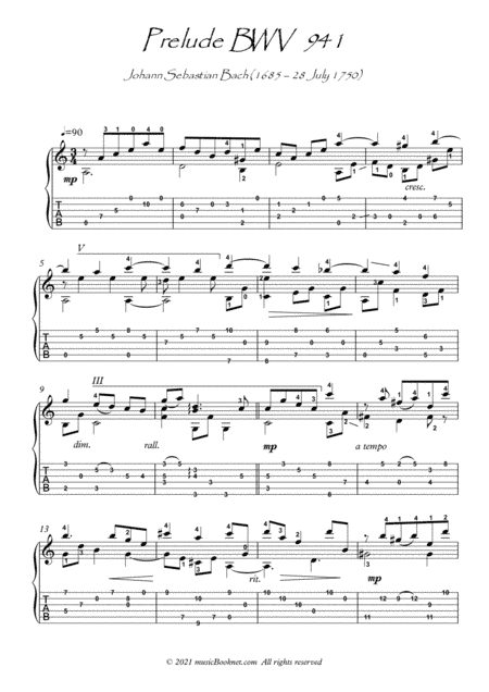 Bach for Guitar Prelude BWV 941 guitar solo (arr. PianoSheetNow)