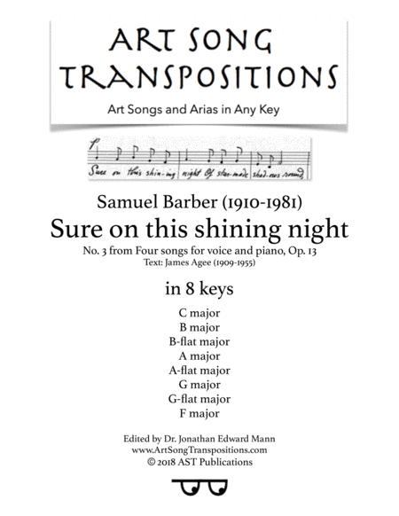 Sure On This Shining Night, Op. 13, No. 13 (arr. ArtSongTranspositions.com)